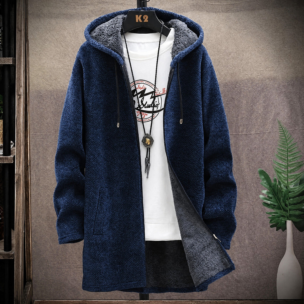 Men's Longline Hooded Knit Jacket, Soft Fleece Lining, Regular Fit