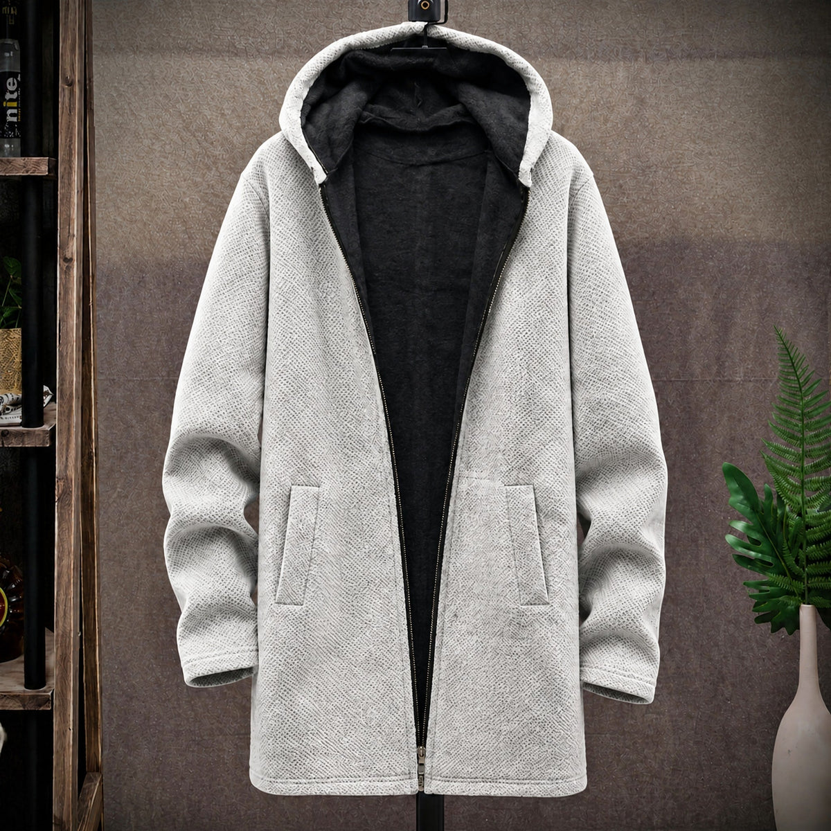 Men's Longline Hooded Knit Jacket, Soft Fleece Lining, Regular Fit