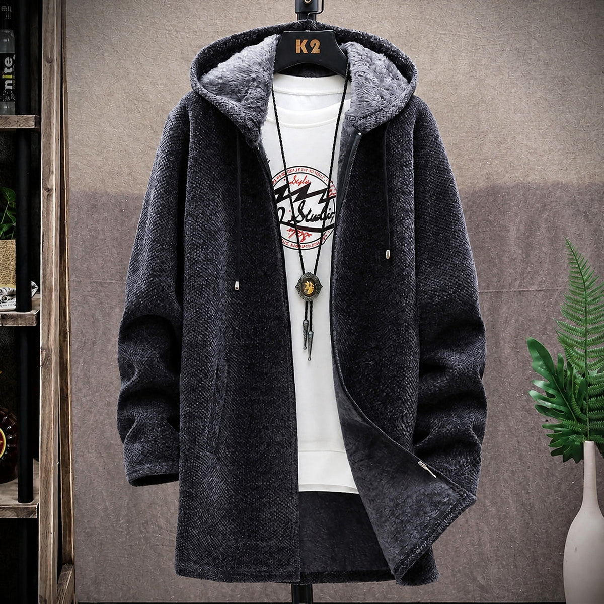 Men's Longline Hooded Knit Jacket, Soft Fleece Lining, Regular Fit