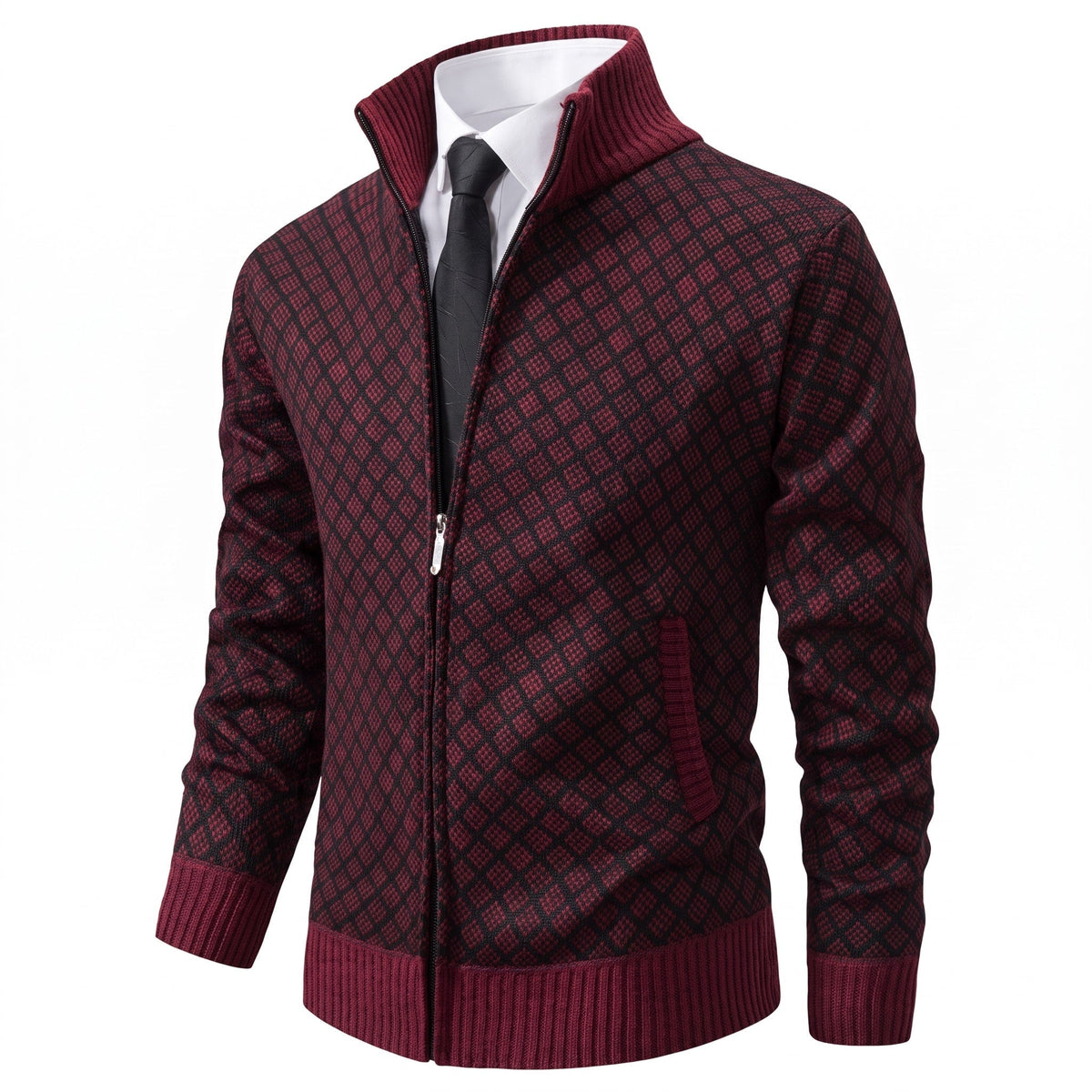 Men's Diamond Knit Zip-Up Jacket with Stand Collar, Slim Fit