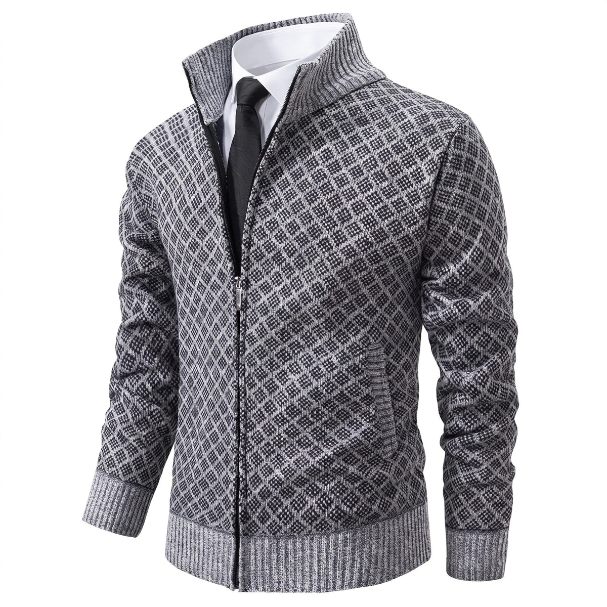 Men's Diamond Knit Zip-Up Jacket with Stand Collar, Slim Fit