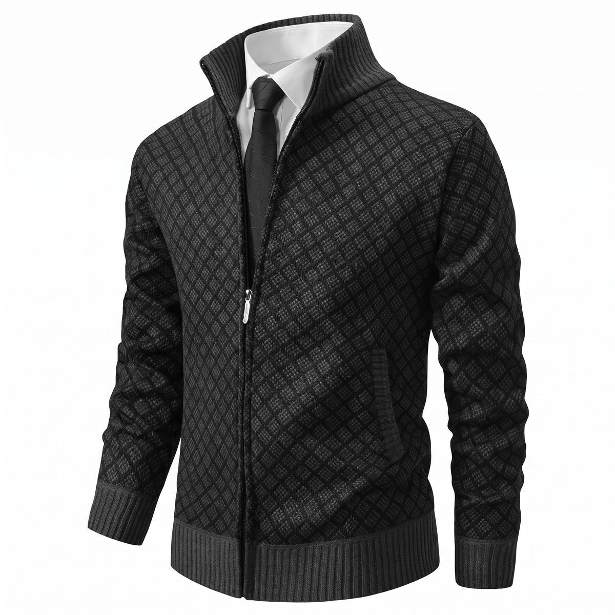 Men's Diamond Knit Zip-Up Jacket with Stand Collar, Slim Fit