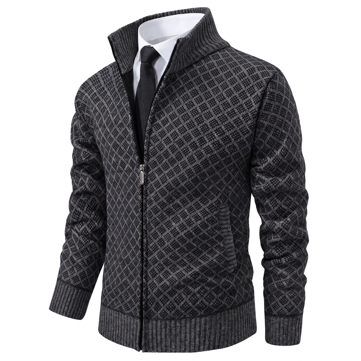 Men's Diamond Knit Zip-Up Jacket with Stand Collar, Slim Fit