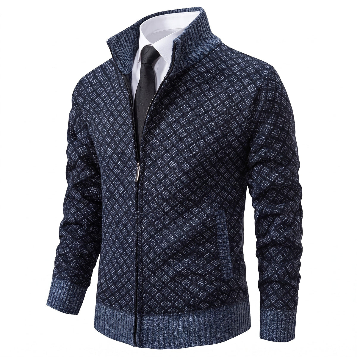 Men's Diamond Knit Zip-Up Jacket with Stand Collar, Slim Fit