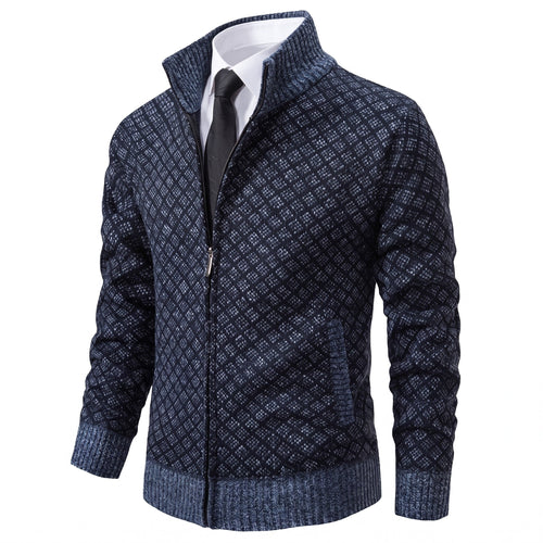 Men's Diamond Knit Zip-Up Jacket with Stand Collar, Slim Fit