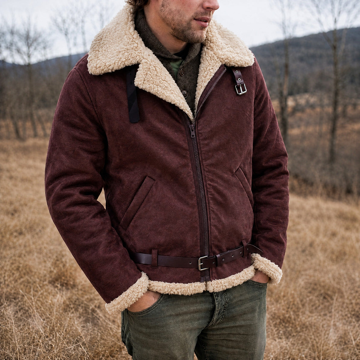 Men's Shearling Aviator Jacket, Belted Waist, Regular Fit, Winter Coat
