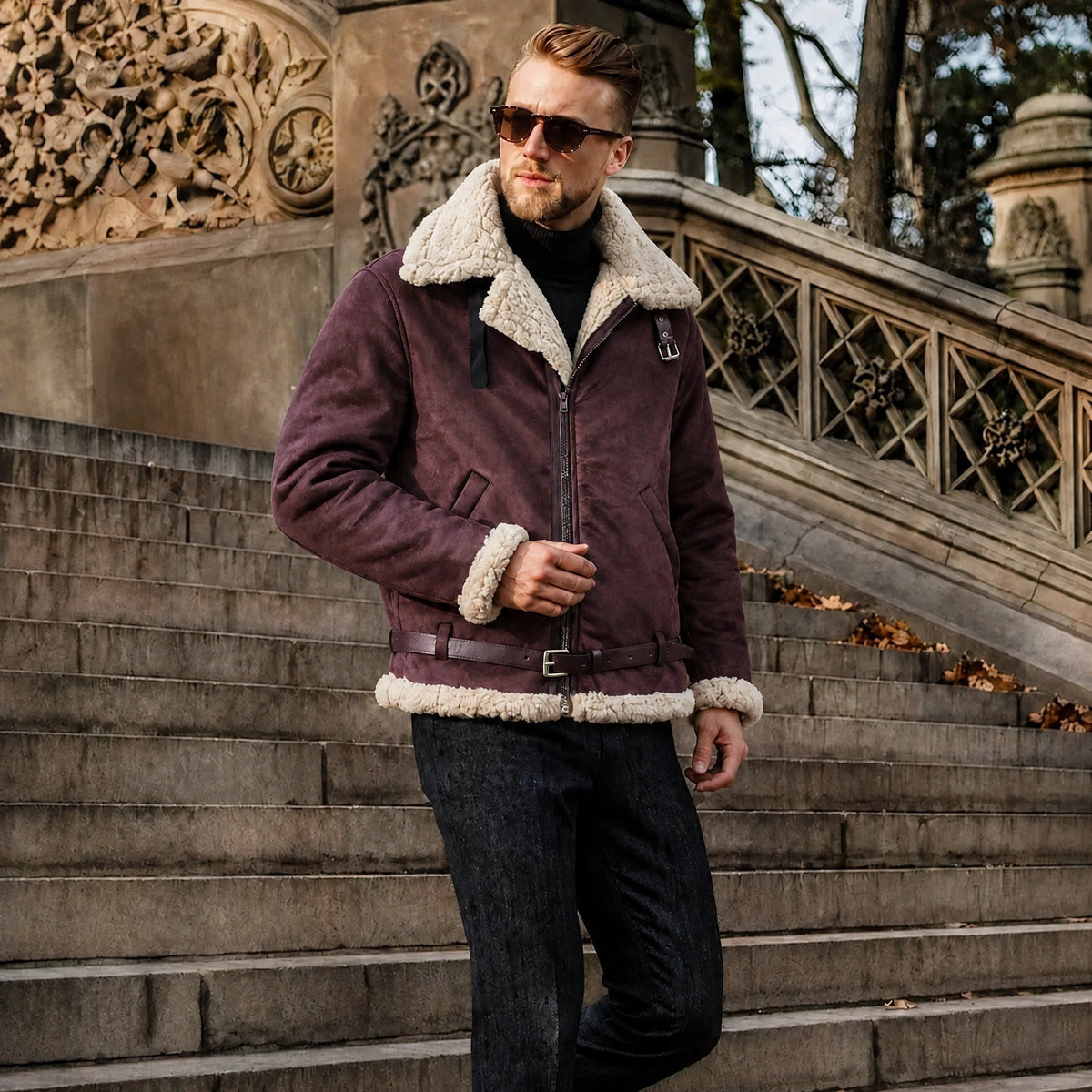 Men's Shearling Aviator Jacket, Belted Waist, Regular Fit, Winter Coat