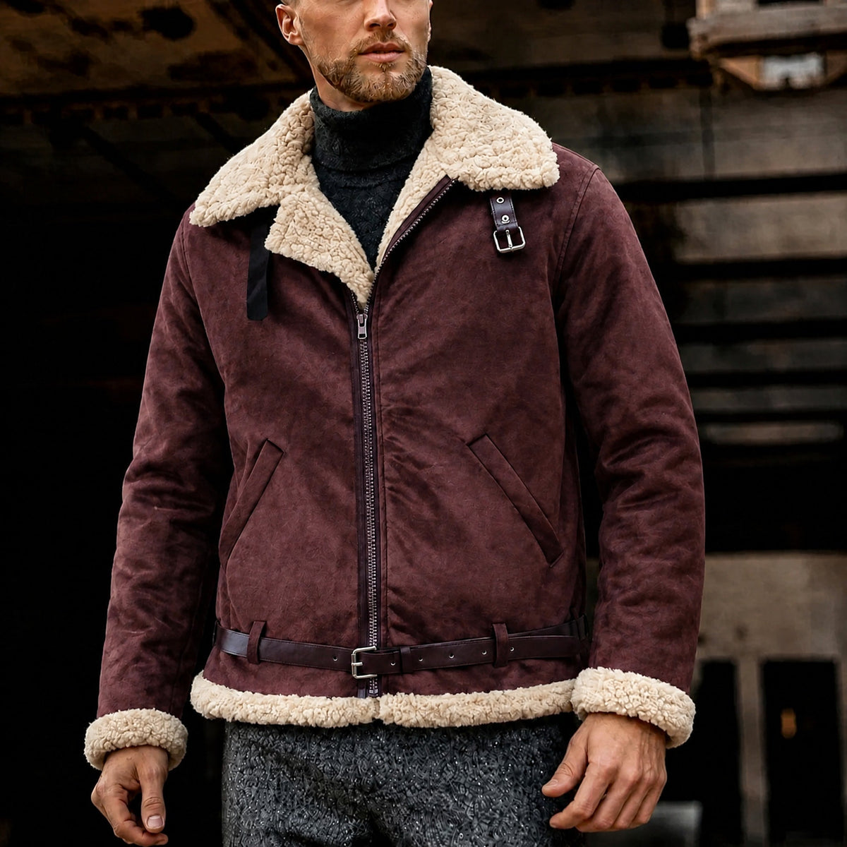 Men's Shearling Aviator Jacket, Belted Waist, Regular Fit, Winter Coat