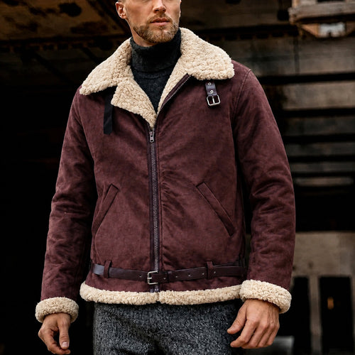 Men's Shearling Aviator Jacket, Belted Waist, Regular Fit, Winter Coat