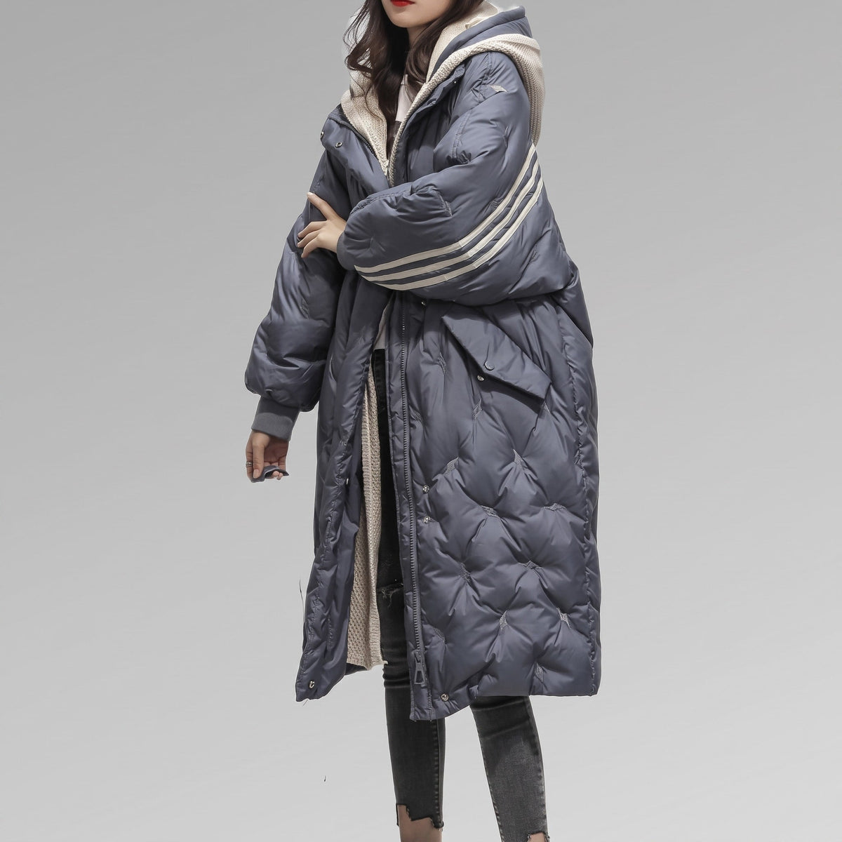 Niya - Women's Hooded Longline Puffer Coat with Striped Cuffs