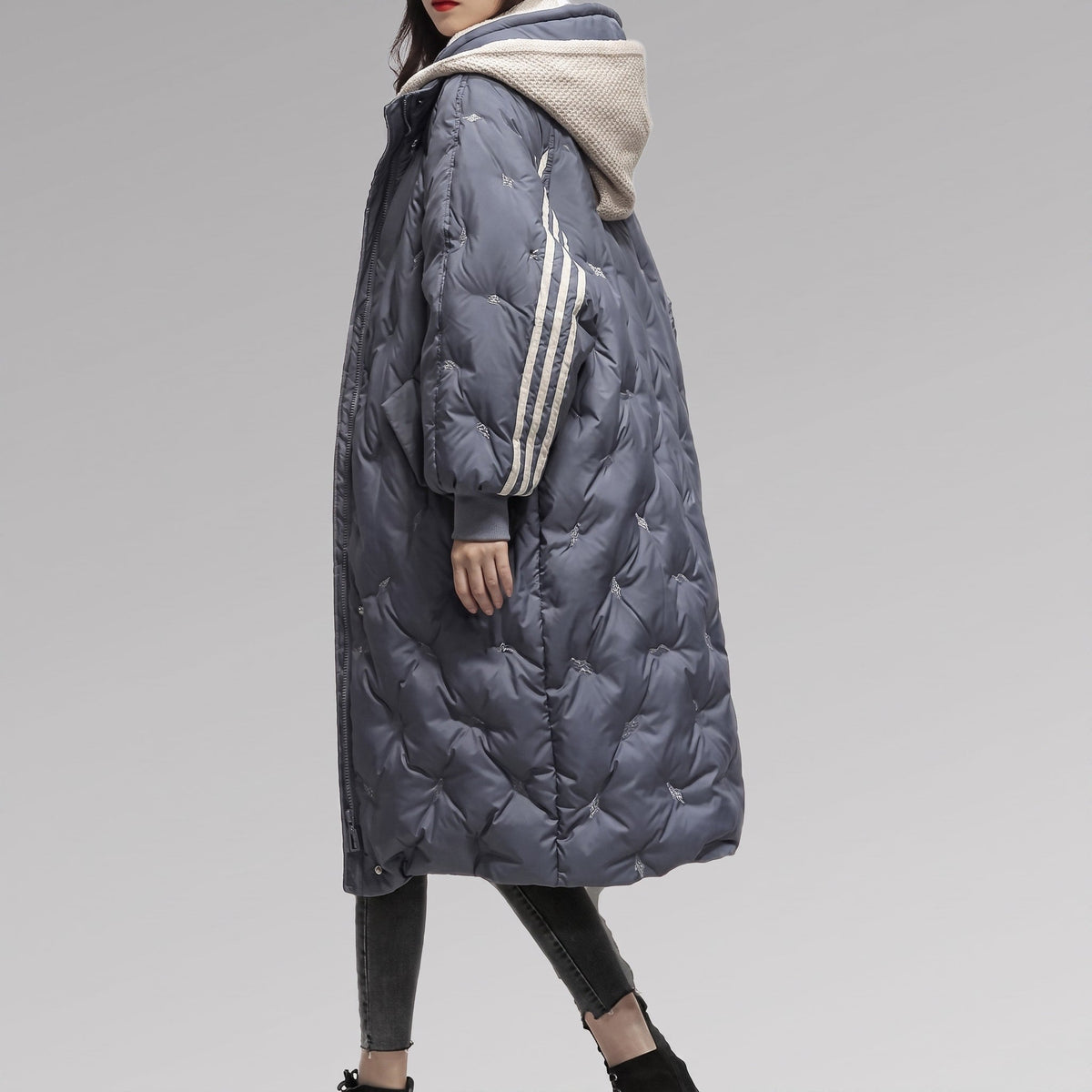 Niya - Women's Hooded Longline Puffer Coat with Striped Cuffs