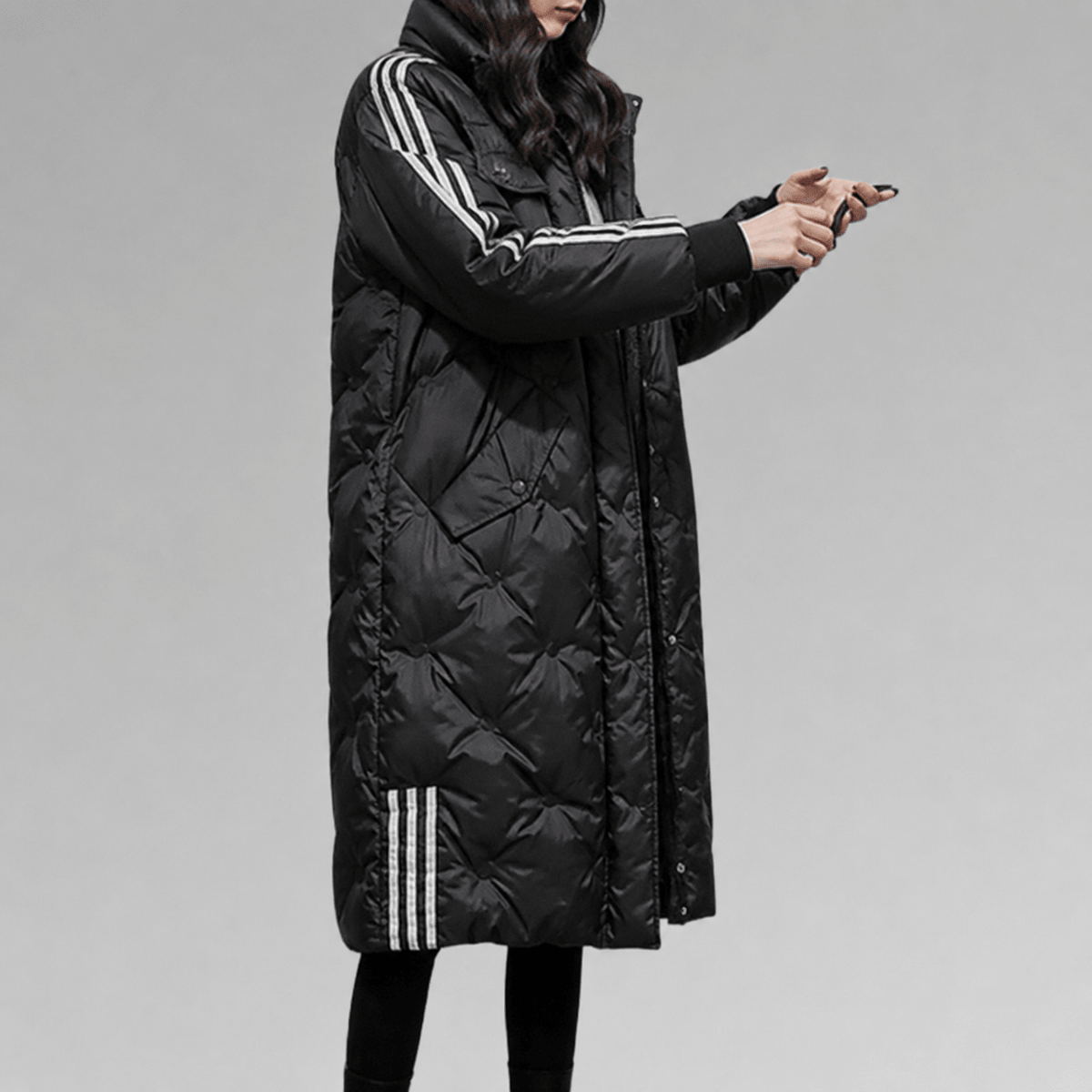 Niya - Women's Hooded Longline Puffer Coat with Striped Cuffs