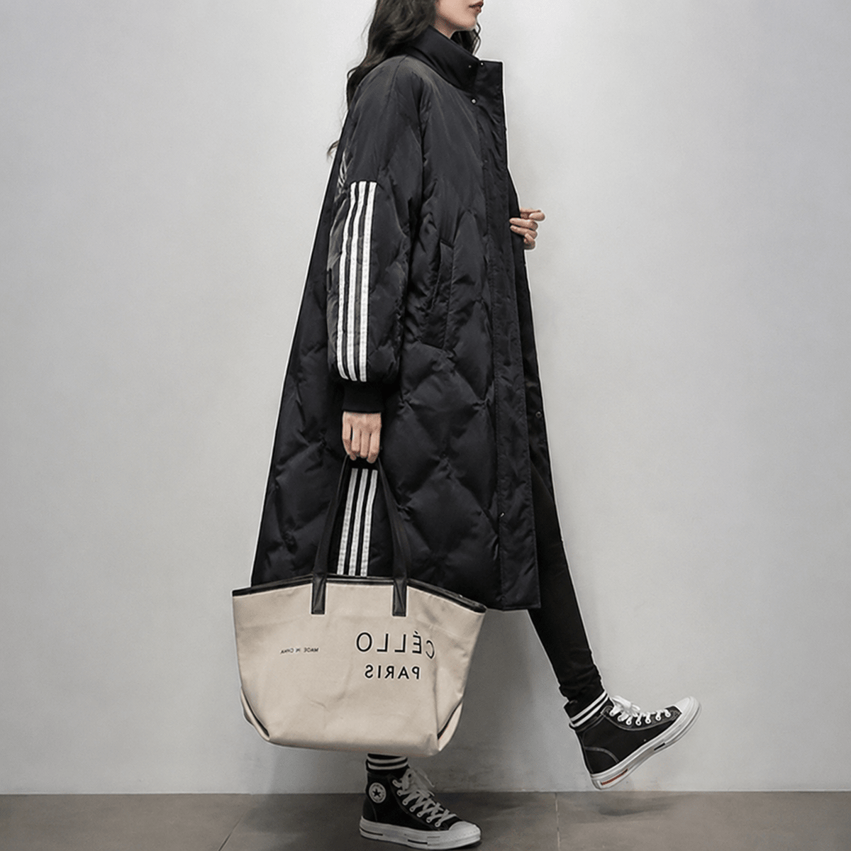 Niya - Women's Hooded Longline Puffer Coat with Striped Cuffs