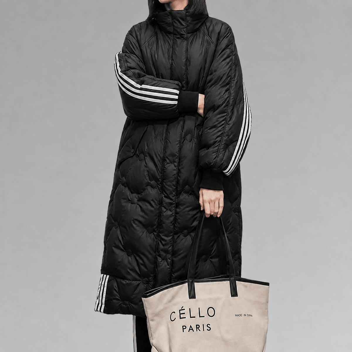 Niya - Women's Hooded Longline Puffer Coat with Striped Cuffs