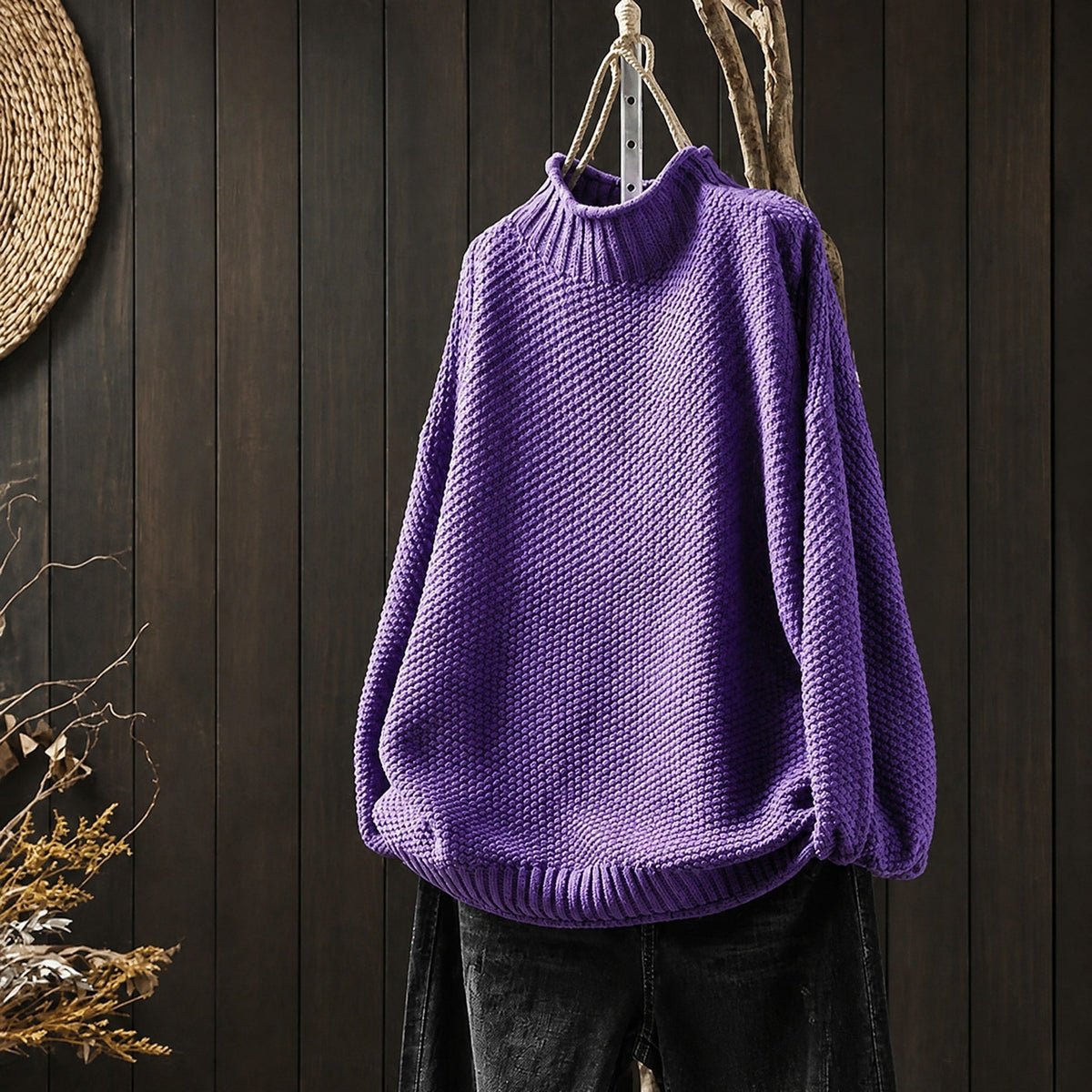 Men's Chunky Knit Roll Neck Jumper, Oversized Relaxed Fit