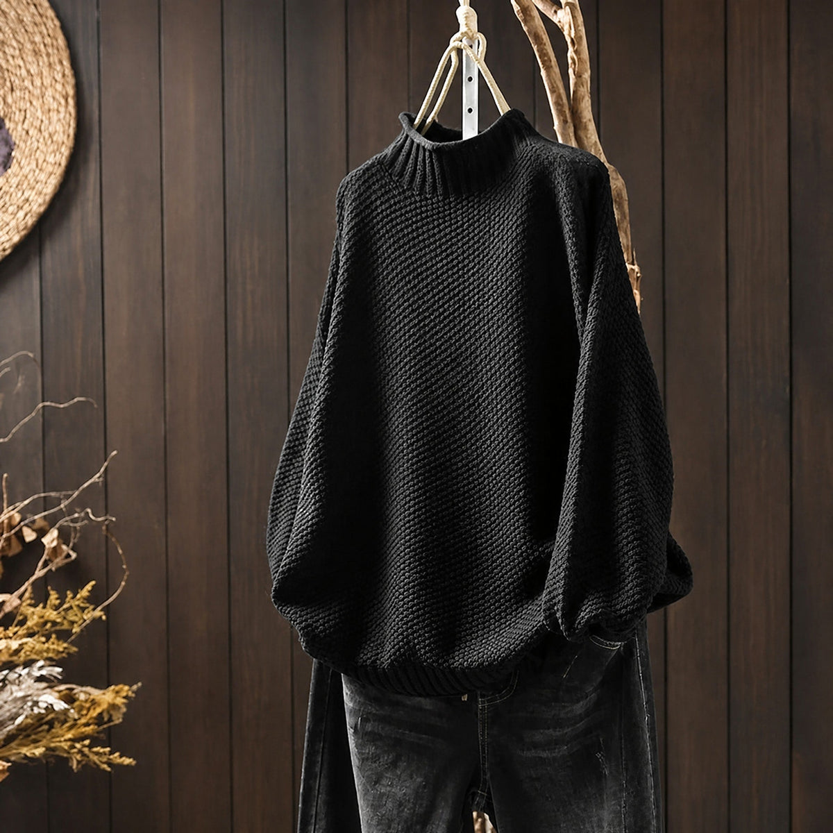 Men's Chunky Knit Roll Neck Jumper, Oversized Relaxed Fit
