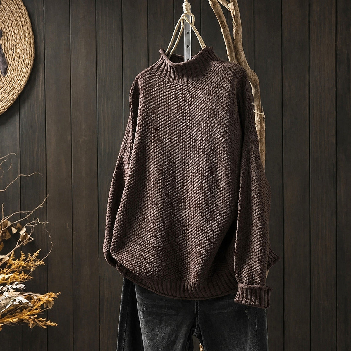 Men's Chunky Knit Roll Neck Jumper, Oversized Relaxed Fit