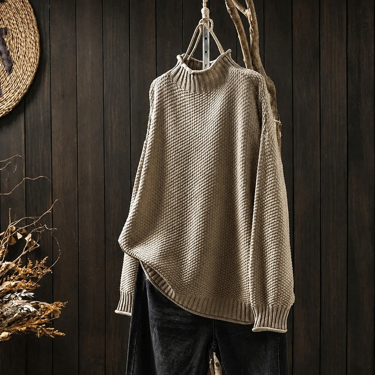 Men's Chunky Knit Roll Neck Jumper, Oversized Relaxed Fit