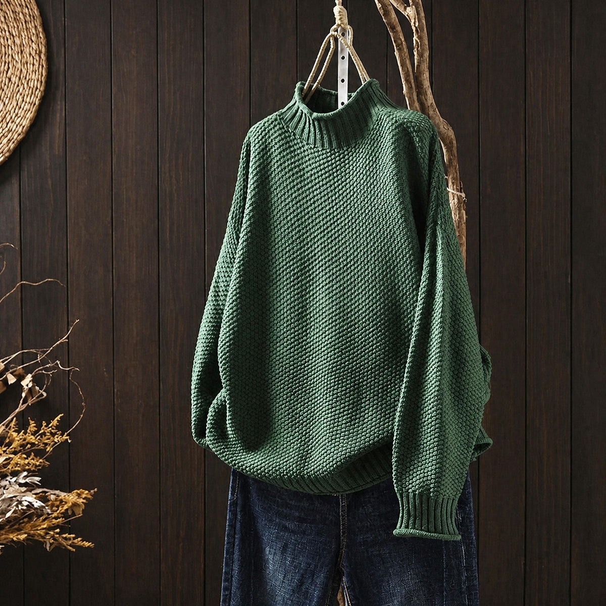 Men's Chunky Knit Roll Neck Jumper, Oversized Relaxed Fit