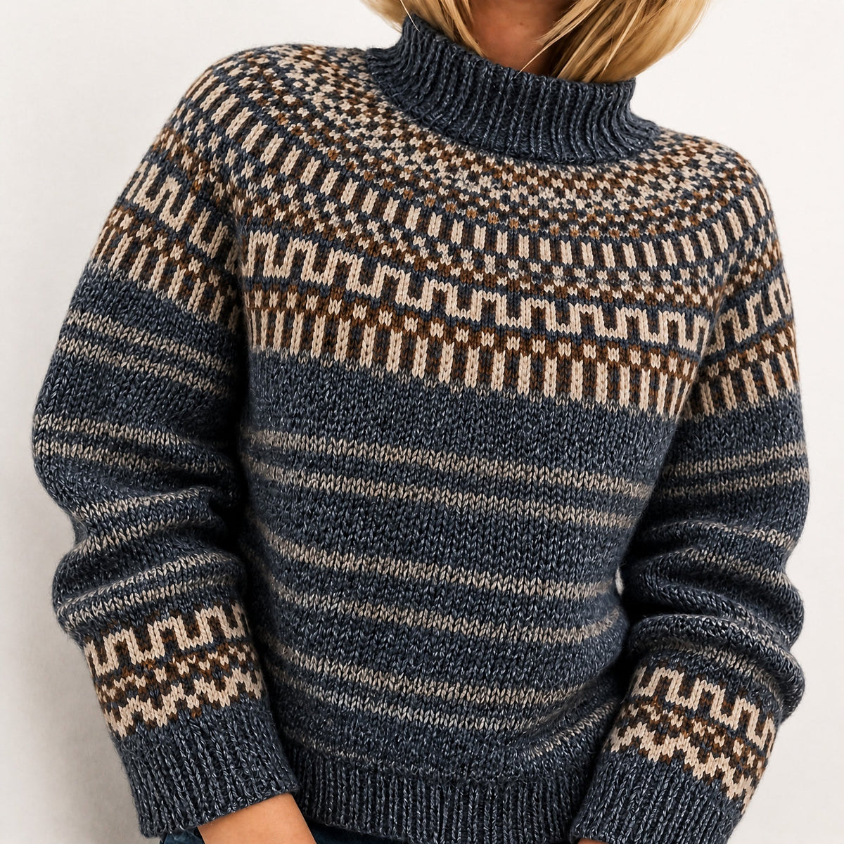 Women's Fair Isle Turtleneck Jumper, Chunky Knit Relaxed Fit