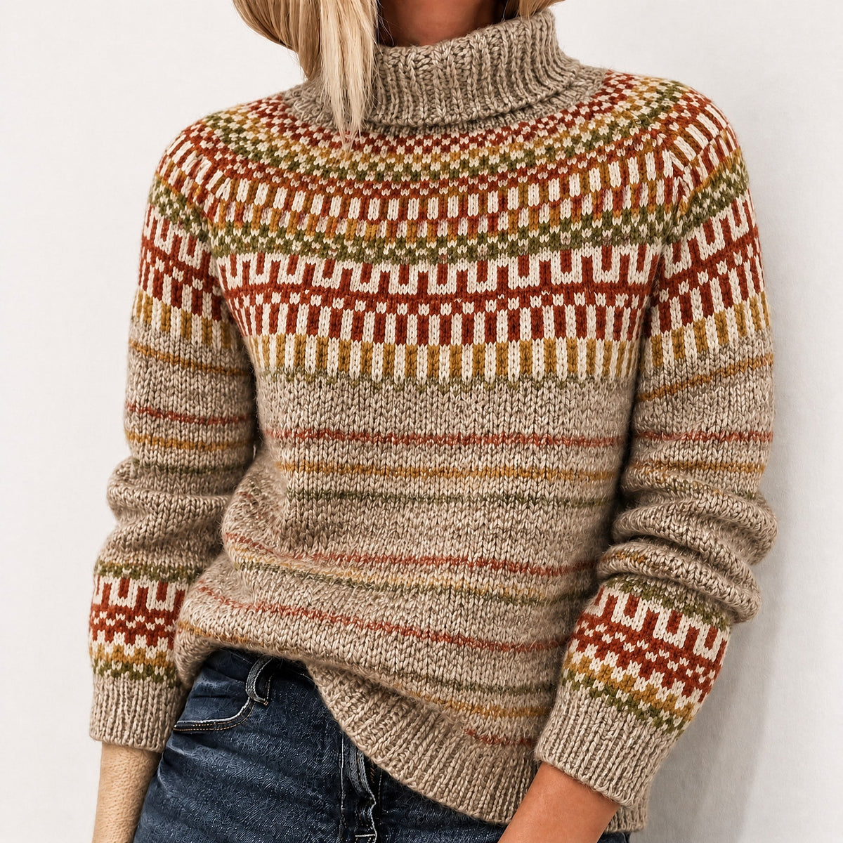 Women's Fair Isle Turtleneck Jumper, Chunky Knit Relaxed Fit