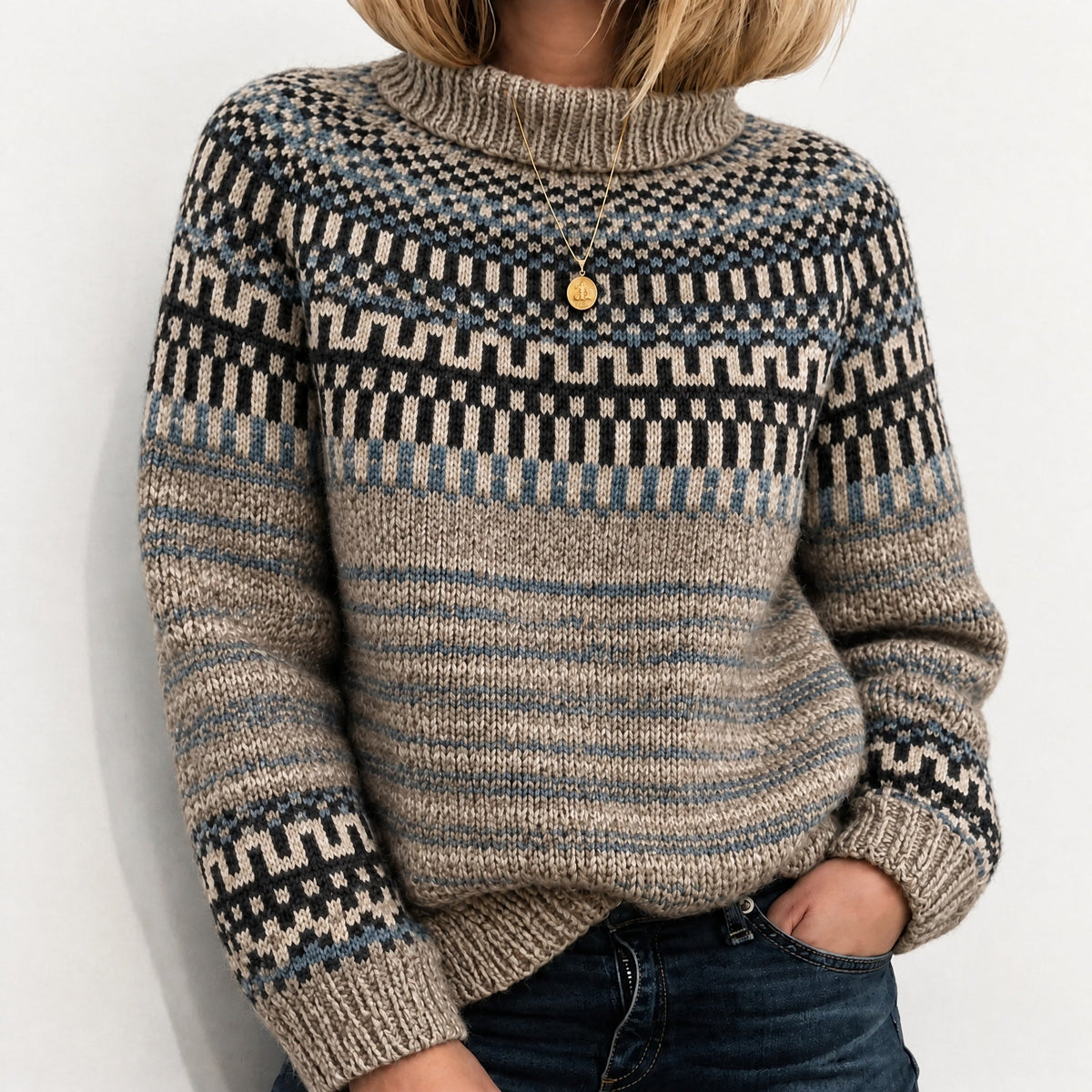 Women's Fair Isle Turtleneck Jumper, Chunky Knit Relaxed Fit