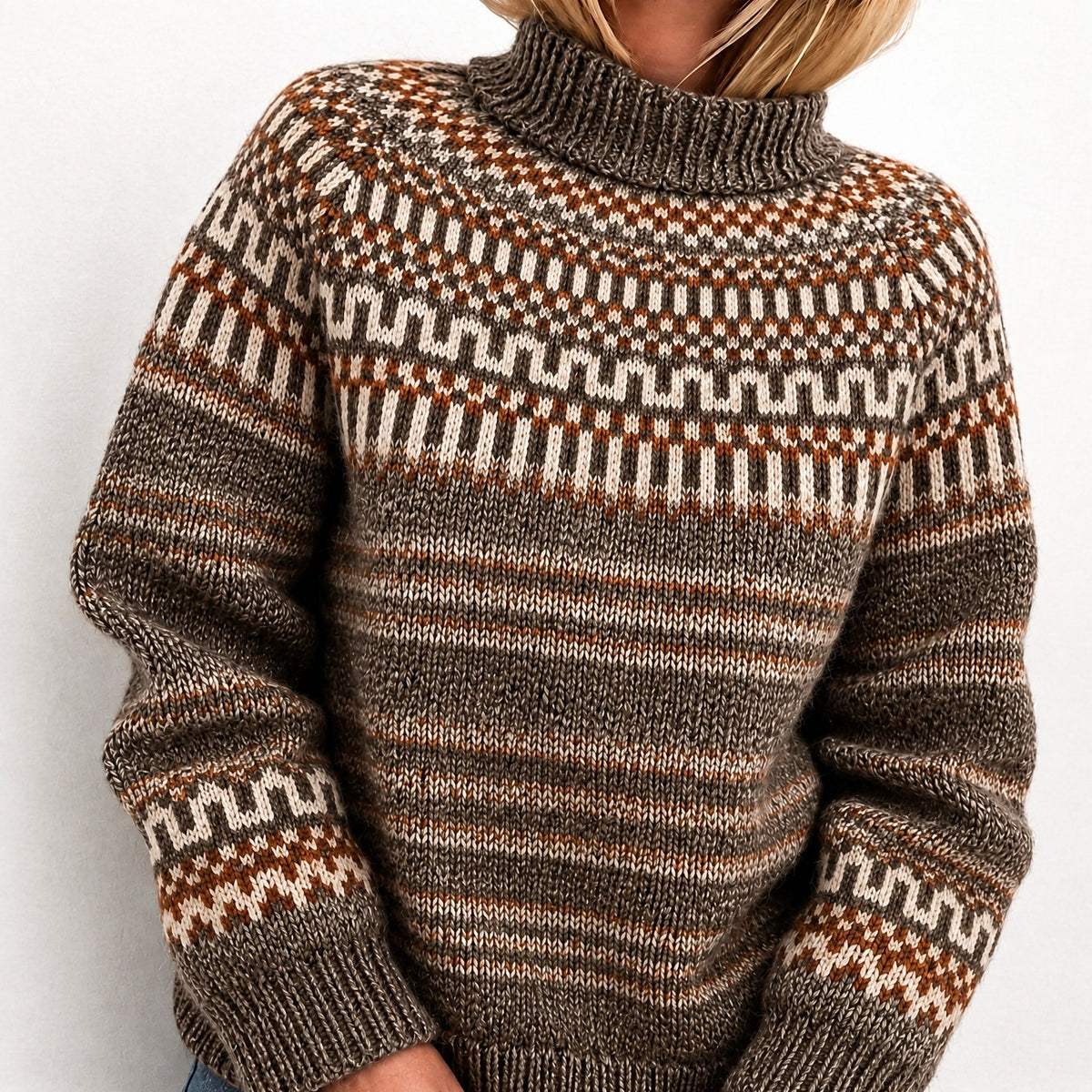 Women's Fair Isle Turtleneck Jumper, Chunky Knit Relaxed Fit