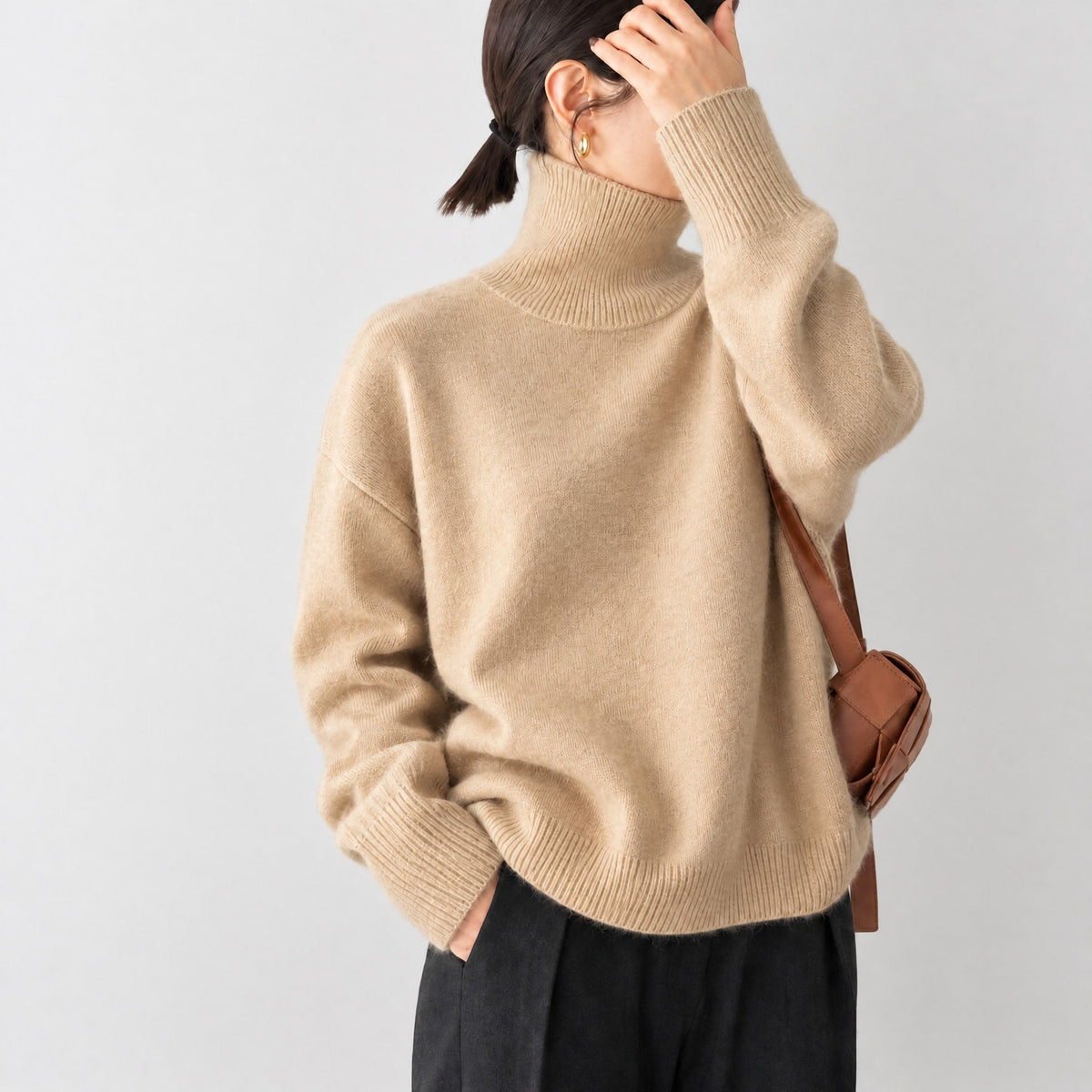 Women's Oversized Ribbed Turtleneck Jumper, Relaxed Fit Knit