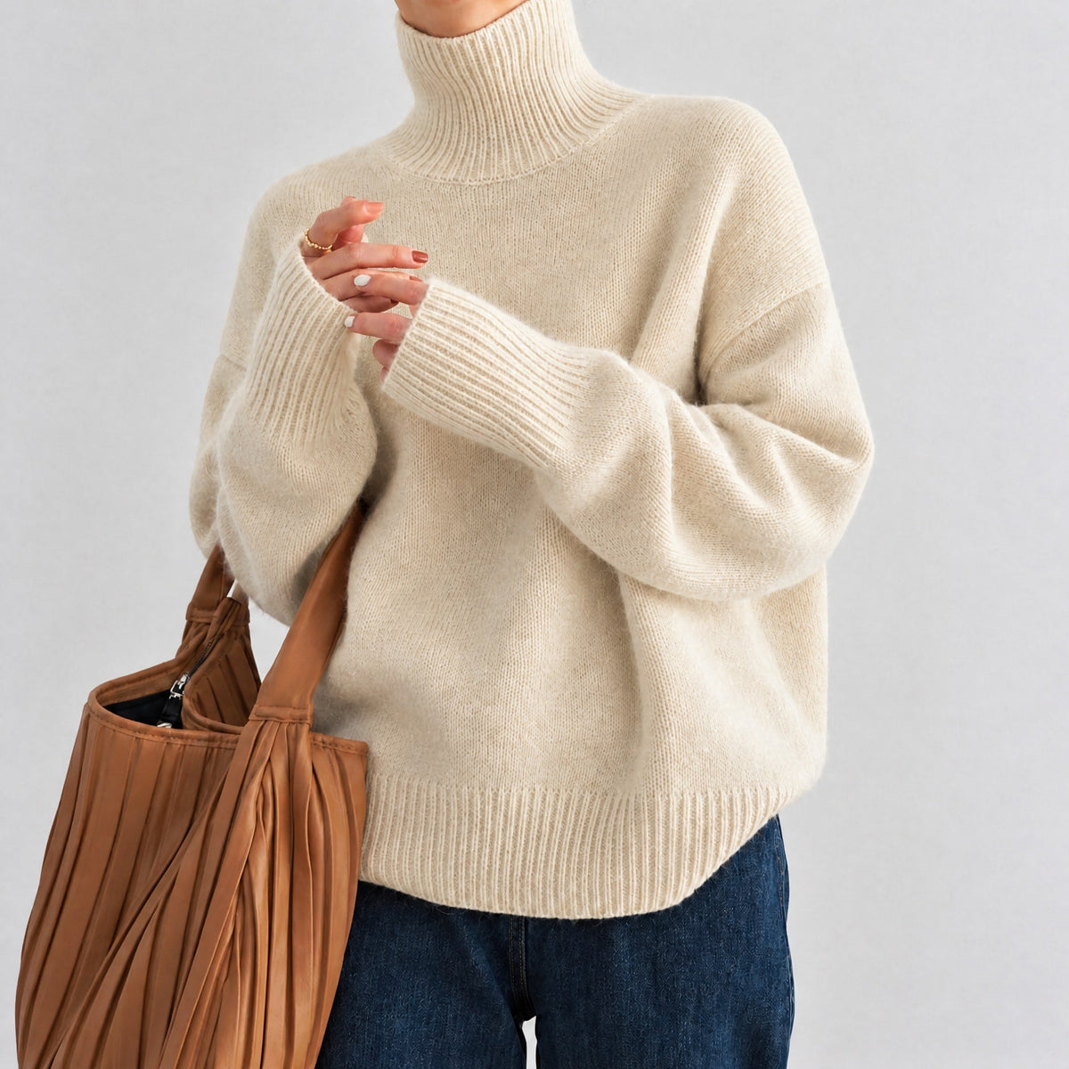 Women's Oversized Ribbed Turtleneck Jumper, Relaxed Fit Knit