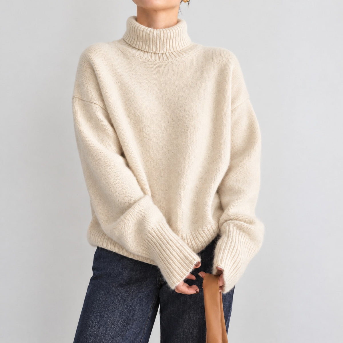 Women's Oversized Ribbed Turtleneck Jumper, Relaxed Fit Knit